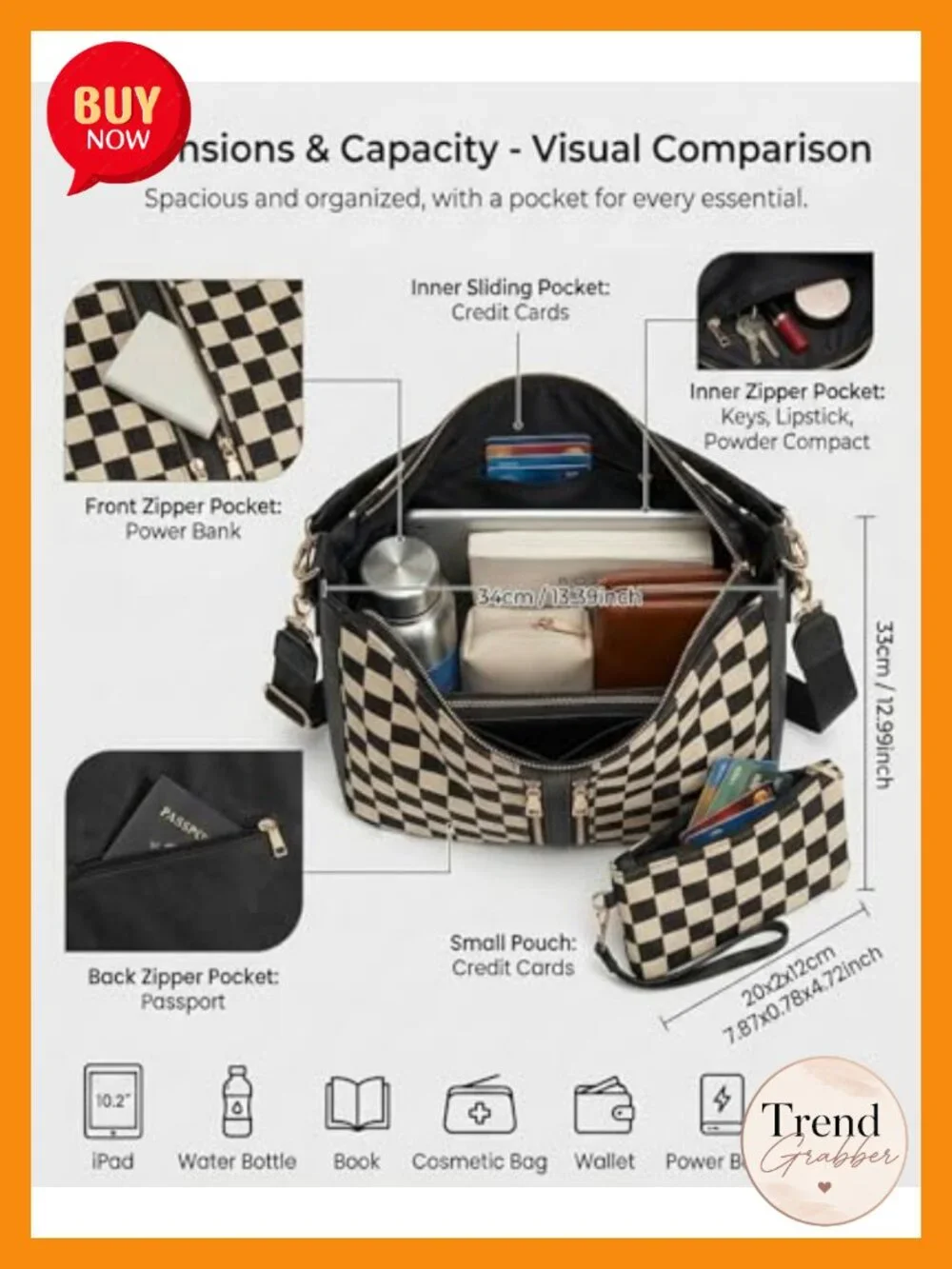 Checkered PU Leather Hobo Crossbody Tote Bag with Shoulder Strap